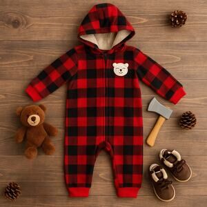 Carter's Red Buffalo Plaid Fleece Hooded Jumpsuit 24M | Sherpa Lined Teddy Bear